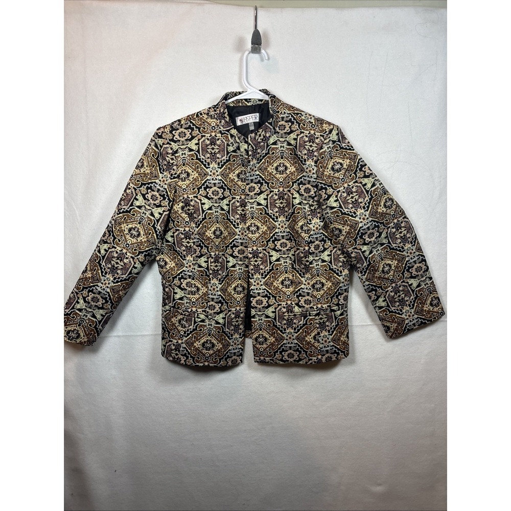 Kasper Tapestry Blazer Womens 14 Gold Bronze Black Mandarin Collar Open Front